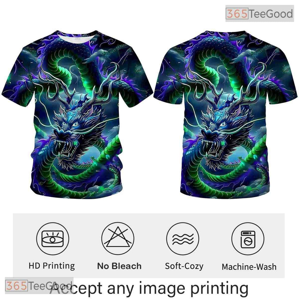 Dark Green Mythology Chinese Dragon 3D Graphic Printed Casual Unisex Tee Shirts