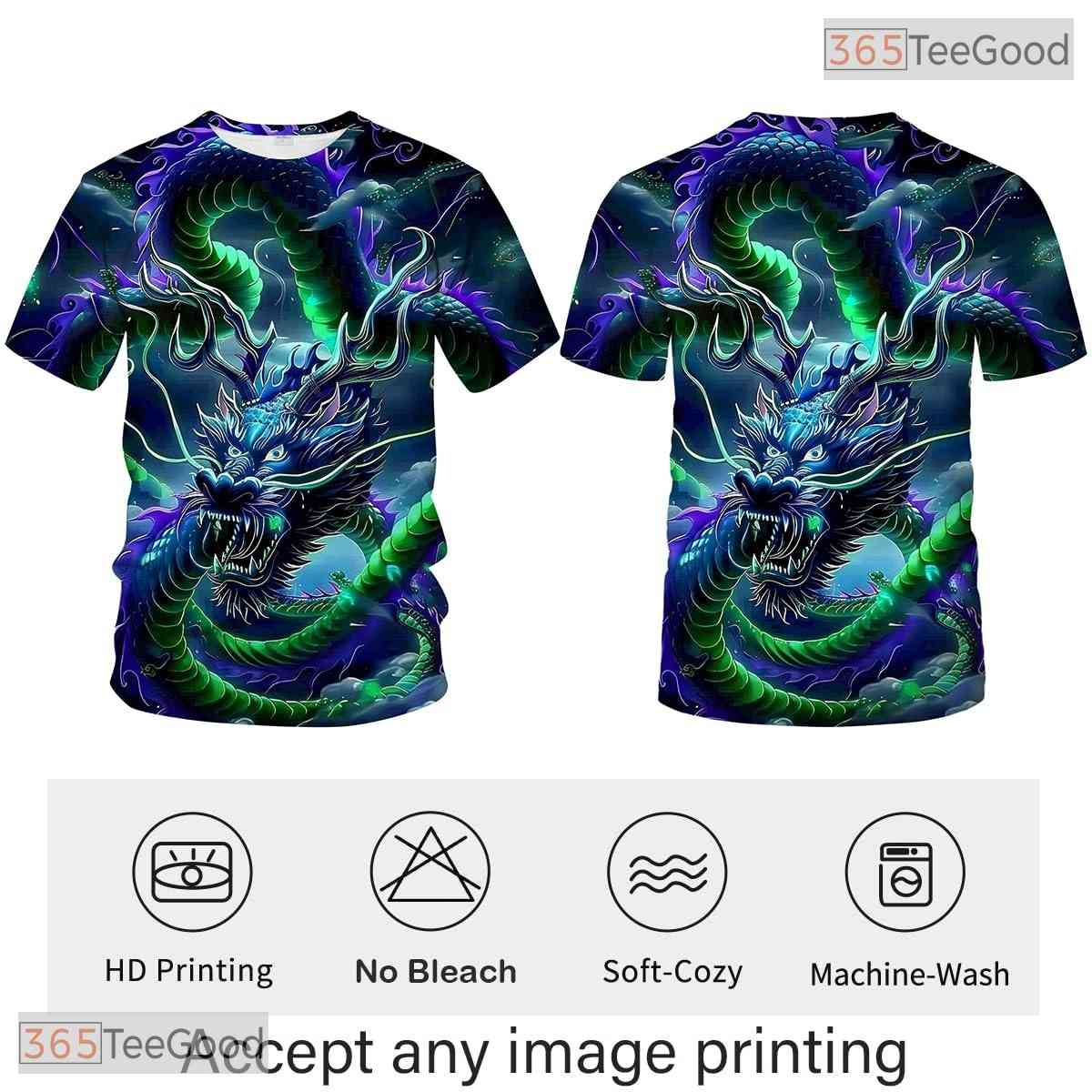 Dark Green Mythology Chinese Dragon 3D Graphic Printed Casual Unisex Tee Shirts