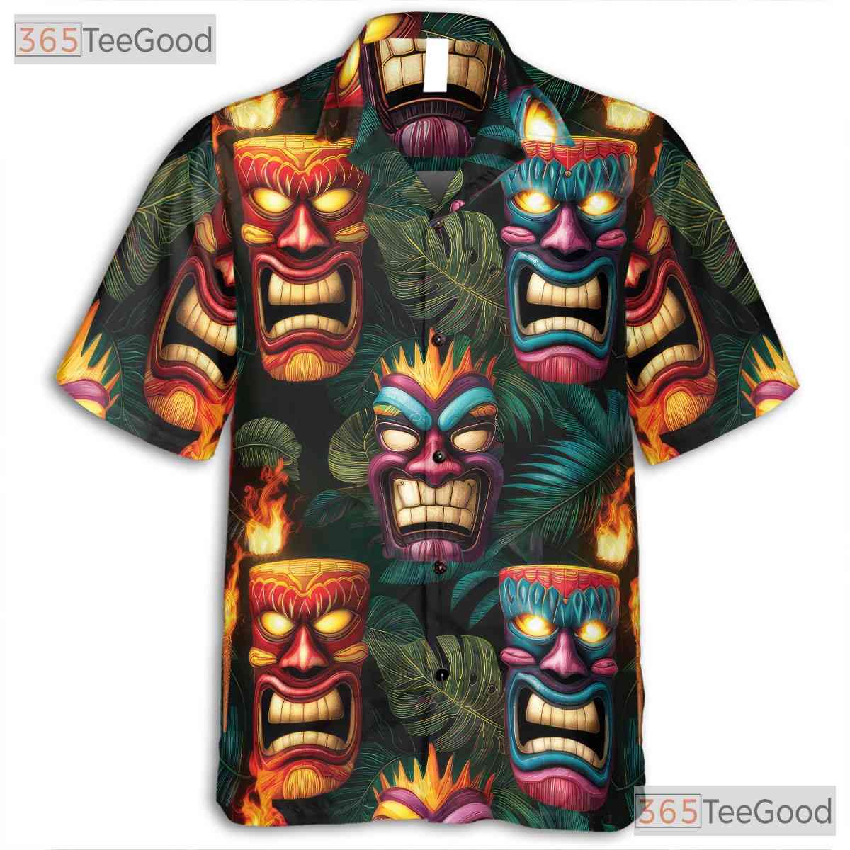 Dark Tropical Leaves Tribal Tiki Mask Hawaiian Shirt Men Women Summer Vacation