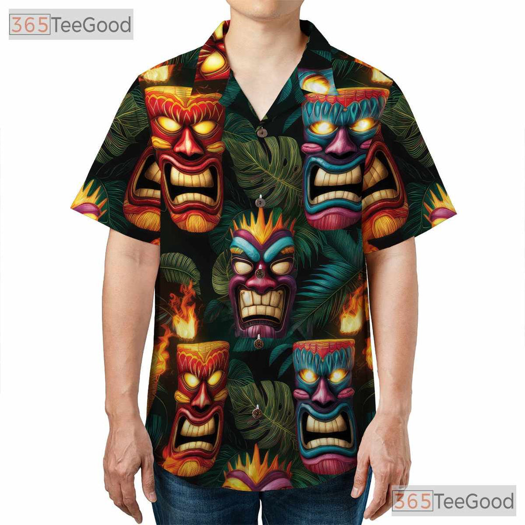 Dark Tropical Leaves Tribal Tiki Mask Hawaiian Shirt Men Women Summer Vacation