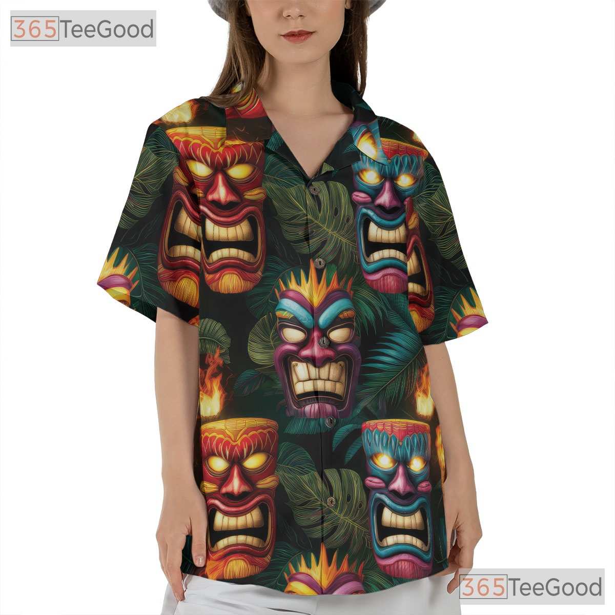 Dark Tropical Leaves Tribal Tiki Mask Hawaiian Shirt Men Women Summer Vacation