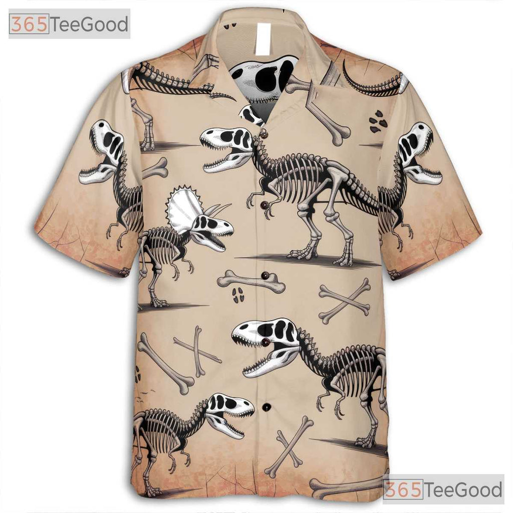 Dinosaur Fossil Skeleton Hawaiian Shirt- Unisex Prehistoric Paleontology Top