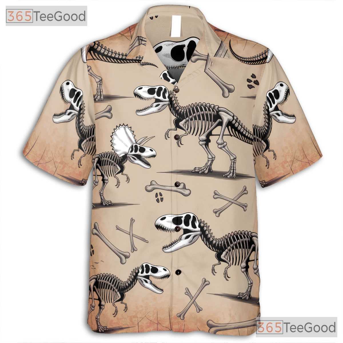 Dinosaur Fossil Skeleton Hawaiian Shirt- Unisex Prehistoric Paleontology Top