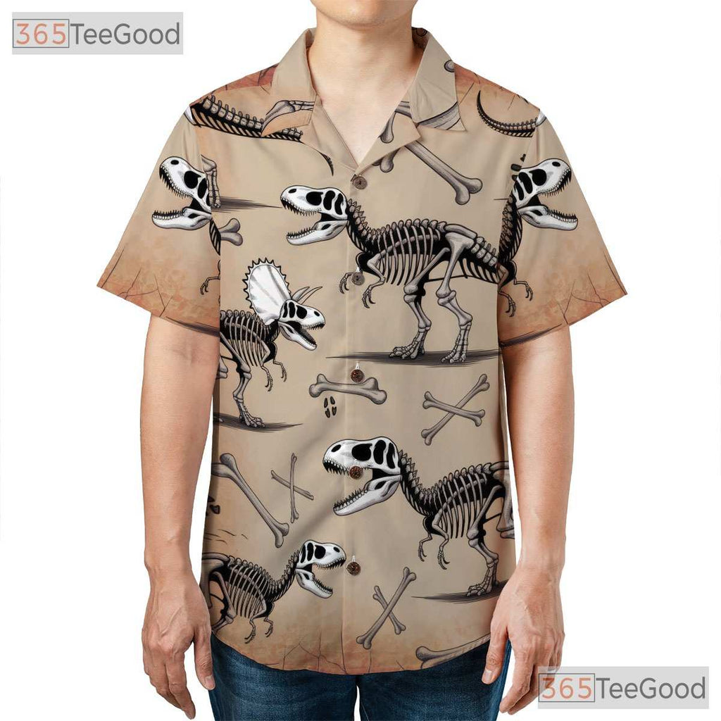 Dinosaur Fossil Skeleton Hawaiian Shirt- Unisex Prehistoric Paleontology Top