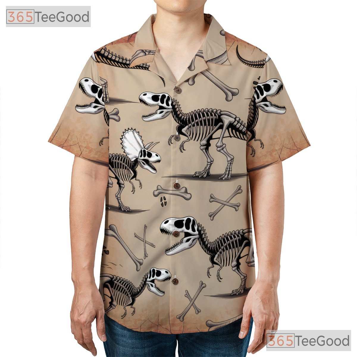 Dinosaur Fossil Skeleton Hawaiian Shirt- Unisex Prehistoric Paleontology Top