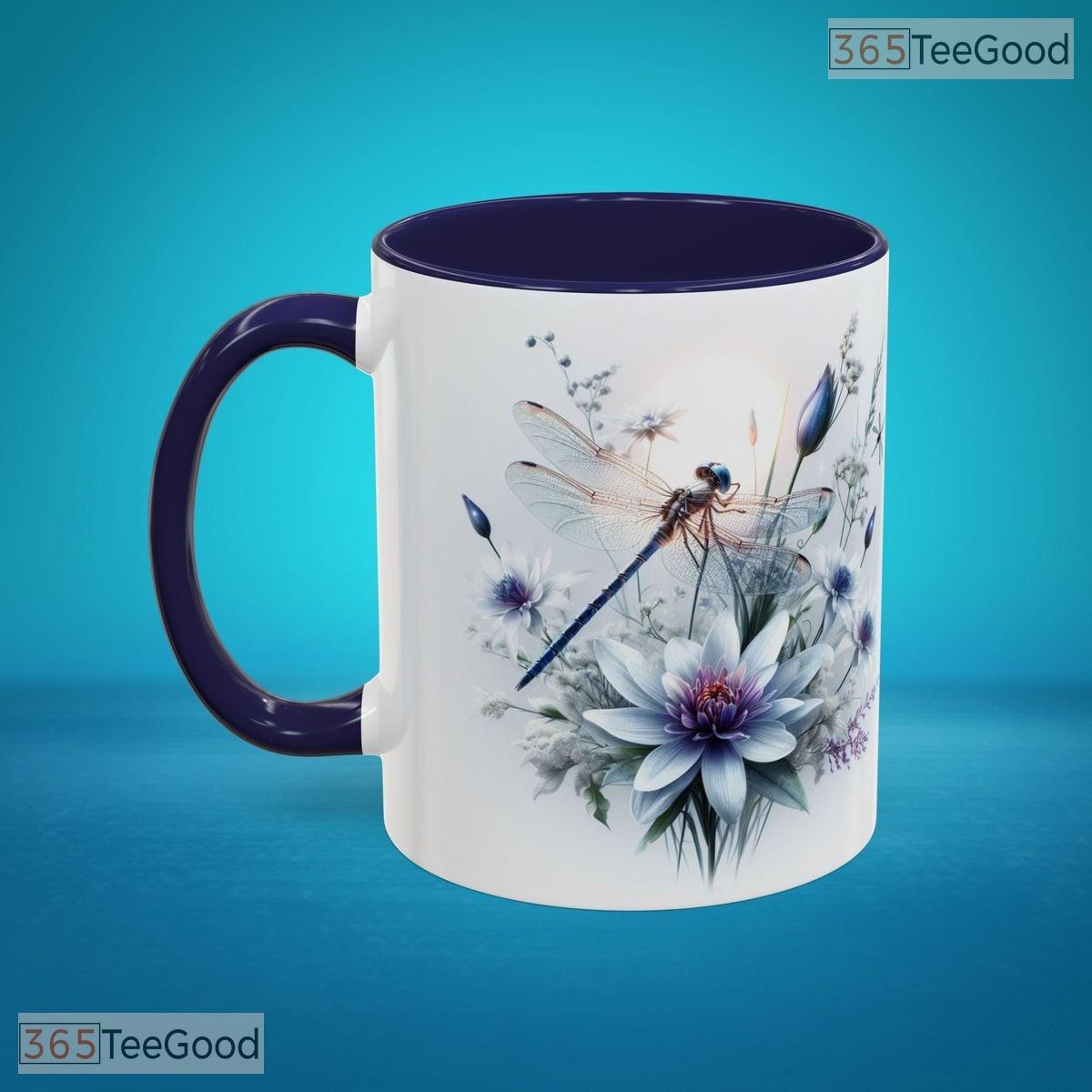 Botanical Dragonfly Blue Floral Accent Mug - Garden Lover Aesthetic Ceramic Coffee Cup