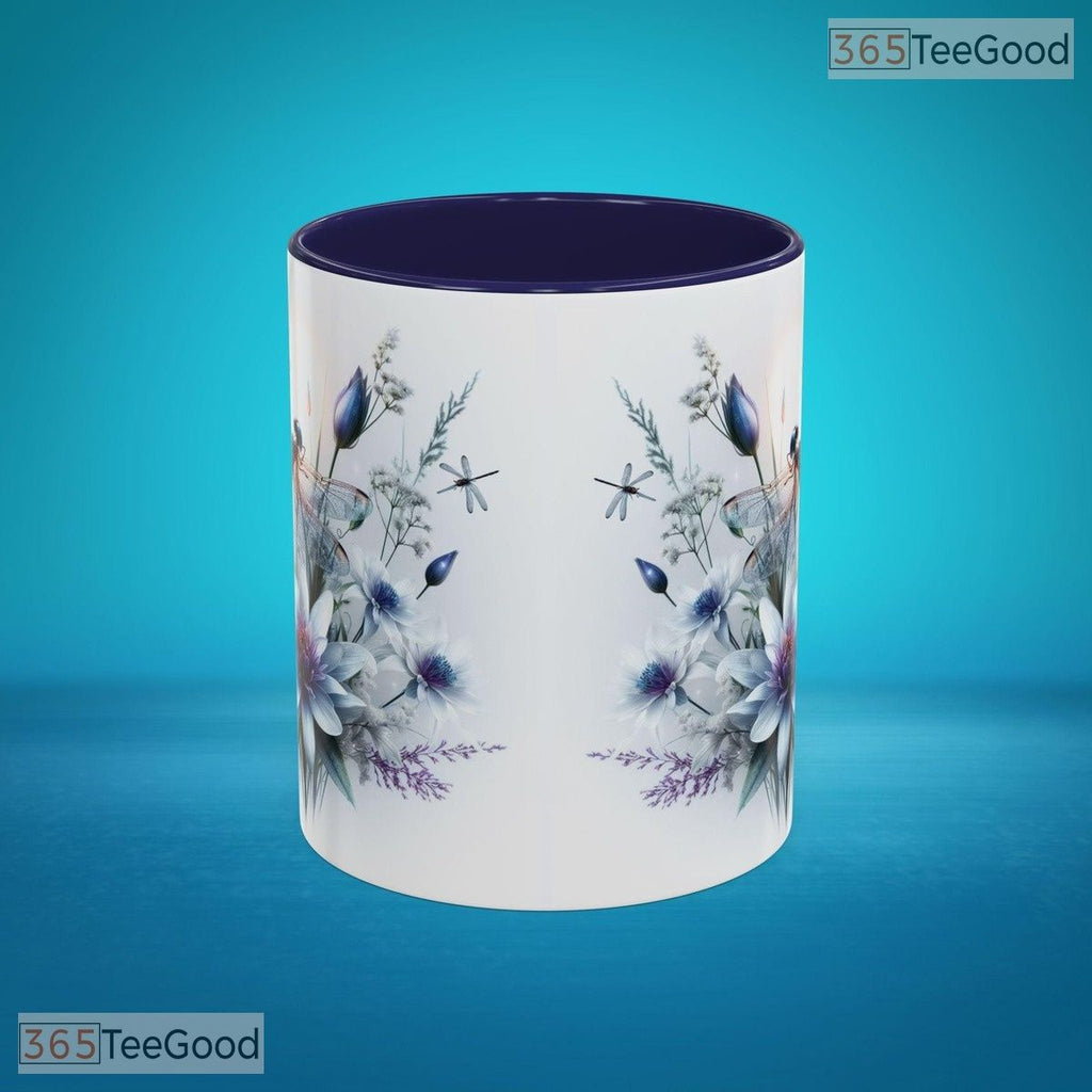 Botanical Dragonfly Blue Floral Accent Mug - Garden Lover Aesthetic Ceramic Coffee Cup