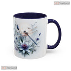 Botanical Dragonfly Blue Floral Accent Mug - Garden Lover Aesthetic Ceramic Coffee Cup