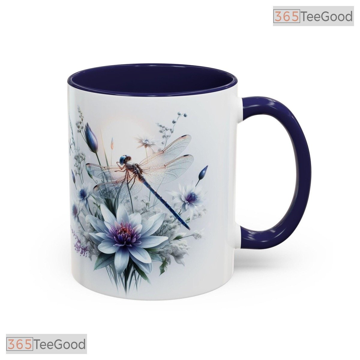 Botanical Dragonfly Blue Floral Accent Mug - Garden Lover Aesthetic Ceramic Coffee Cup