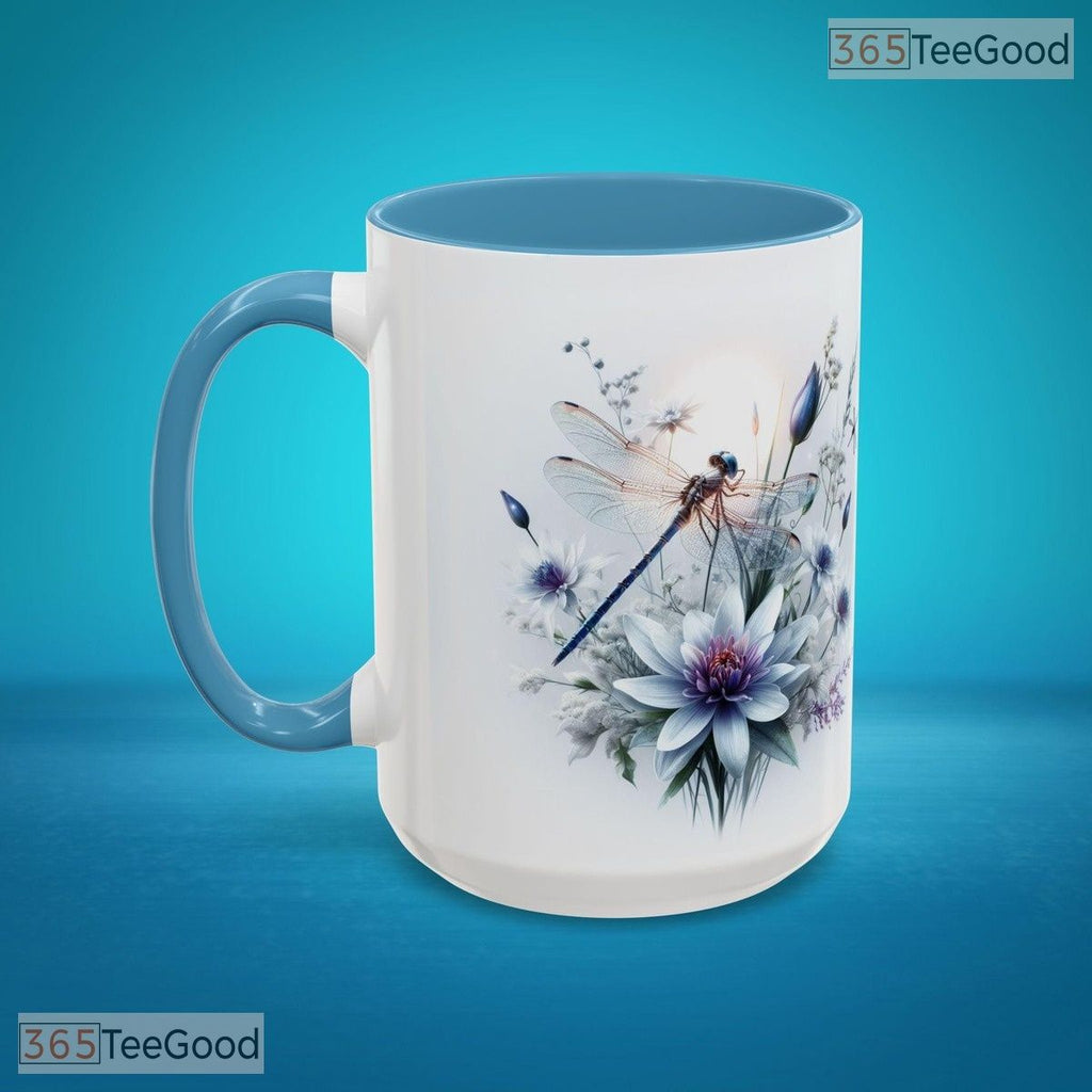 Botanical Dragonfly Blue Floral Accent Mug - Garden Lover Aesthetic Ceramic Coffee Cup