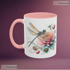 Dragonfly Pastel Flowers Accent Mug - Nature Inspired Floral Tea Cup Ceramic Coffee Mug