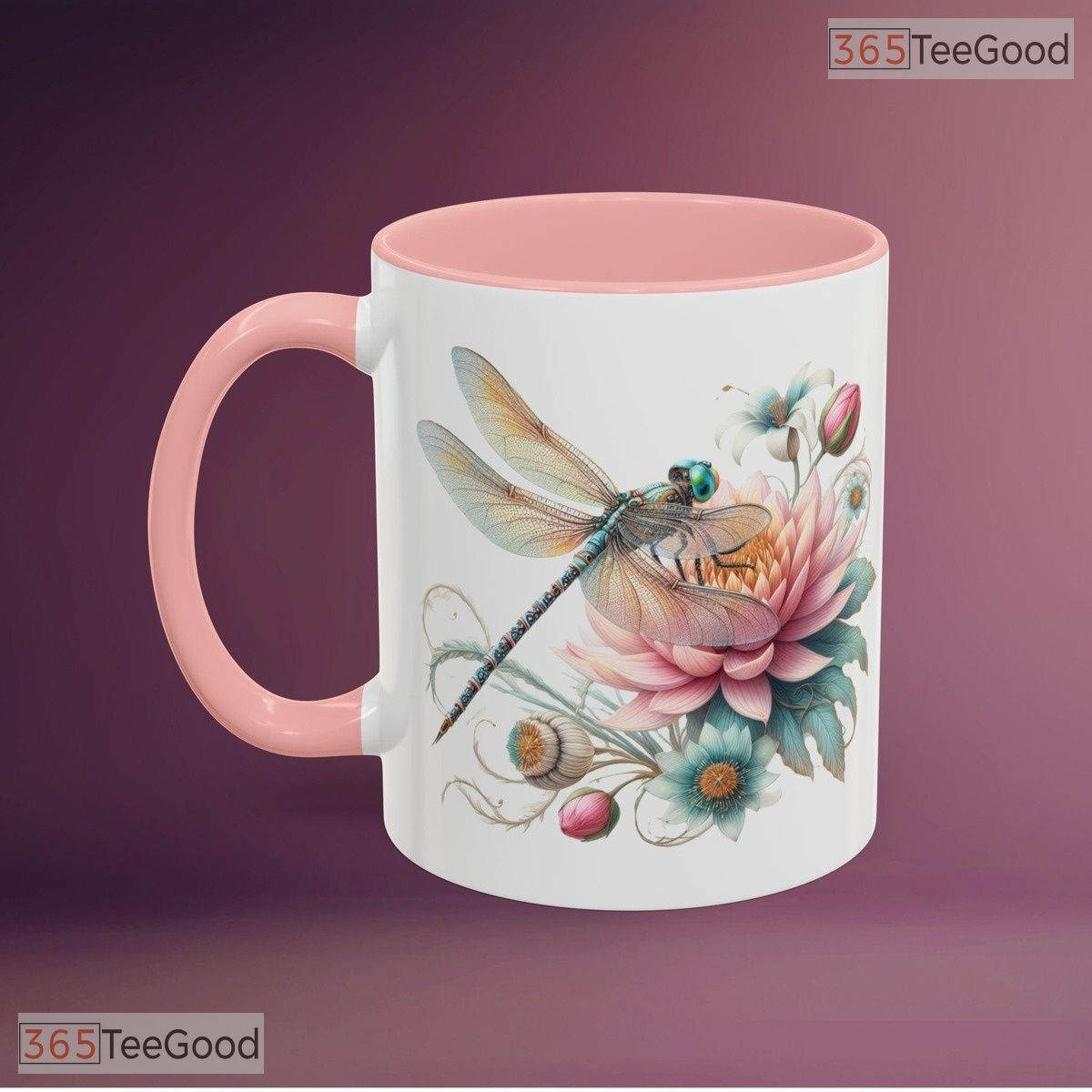 Dragonfly Pastel Flowers Accent Mug - Nature Inspired Floral Tea Cup Ceramic Coffee Mug