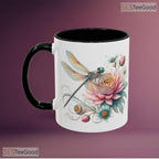 Dragonfly Pastel Flowers Accent Mug - Nature Inspired Floral Tea Cup Ceramic Coffee Mug
