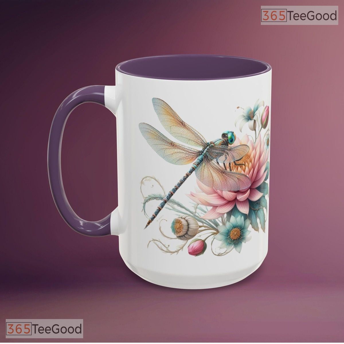 Dragonfly Pastel Flowers Accent Mug - Nature Inspired Floral Tea Cup Ceramic Coffee Mug