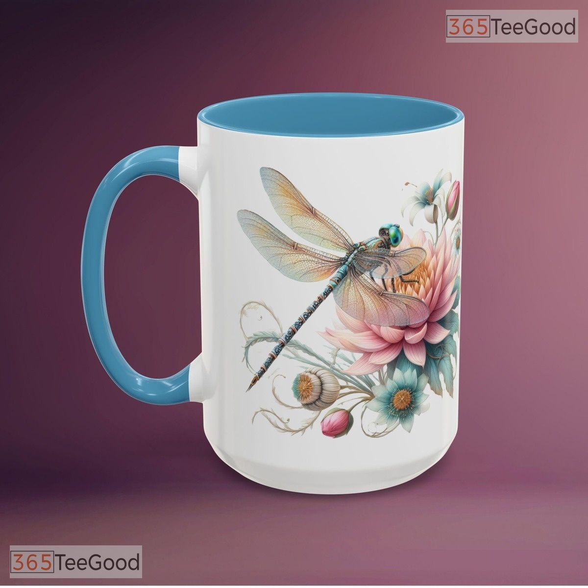 Dragonfly Pastel Flowers Accent Mug - Nature Inspired Floral Tea Cup Ceramic Coffee Mug