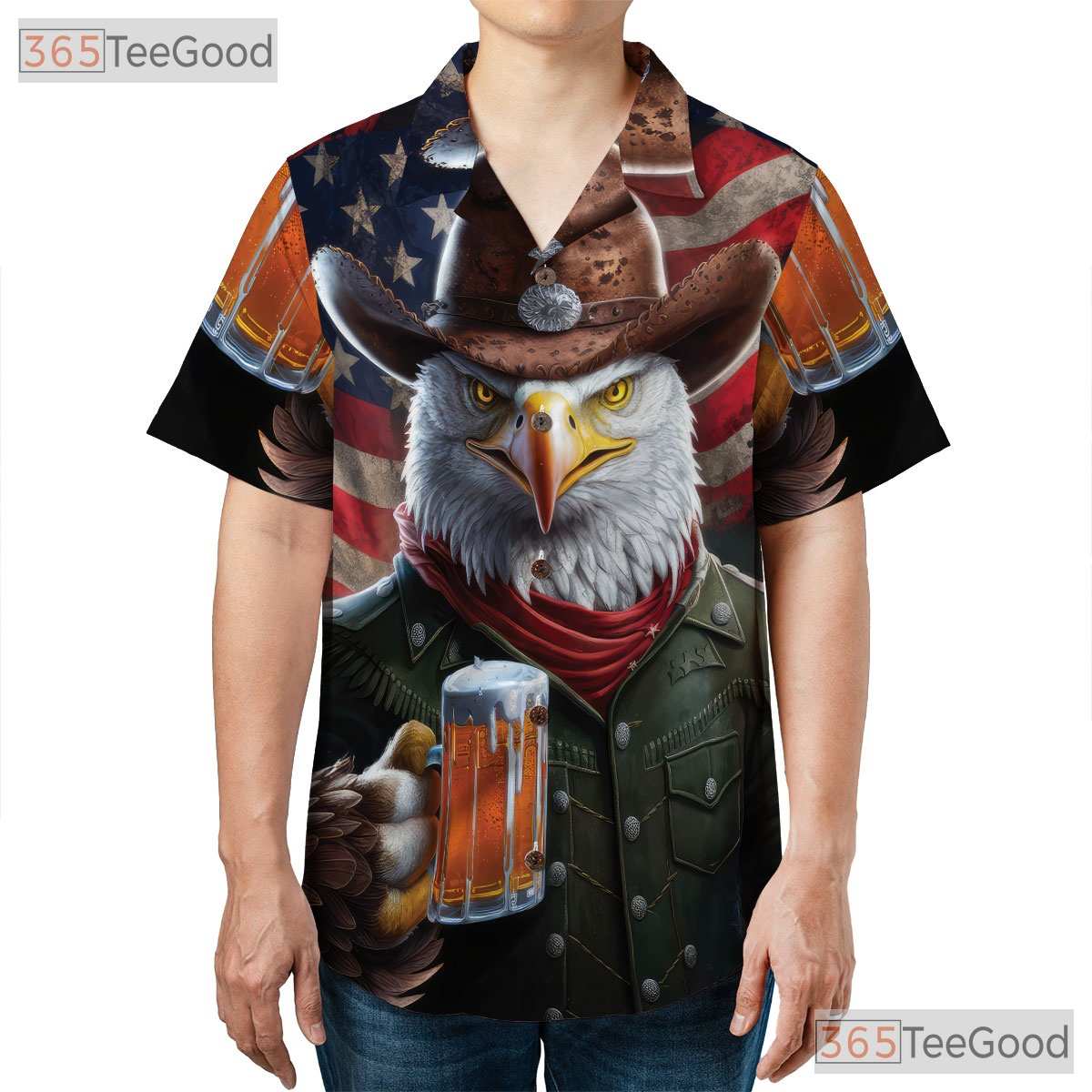 Eagle Cowboy Hat USA Flag Fireworks Patriotic Hawaiian Shirt Unisex Aloha