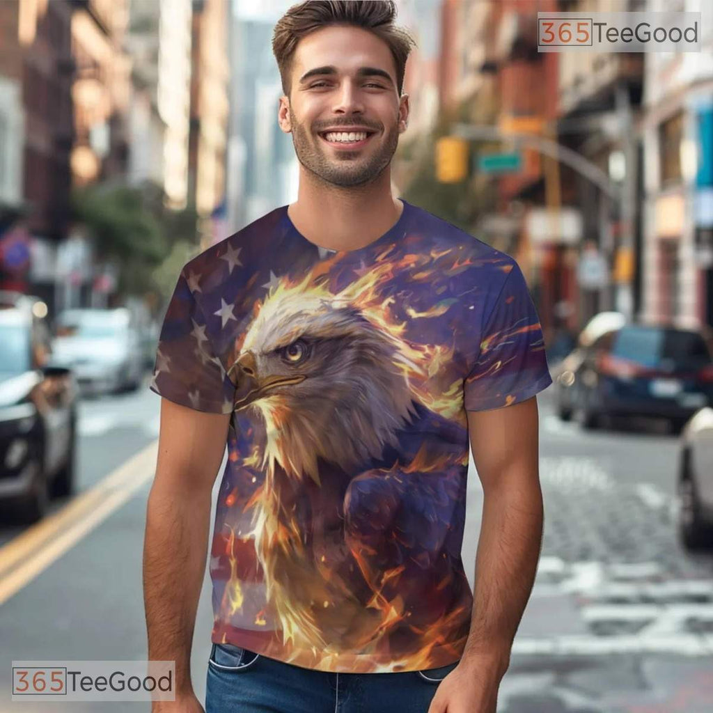 Bold Eagle American Flag Graphic 3D Pattern Printed Casual Unisex Tee Shirt Style