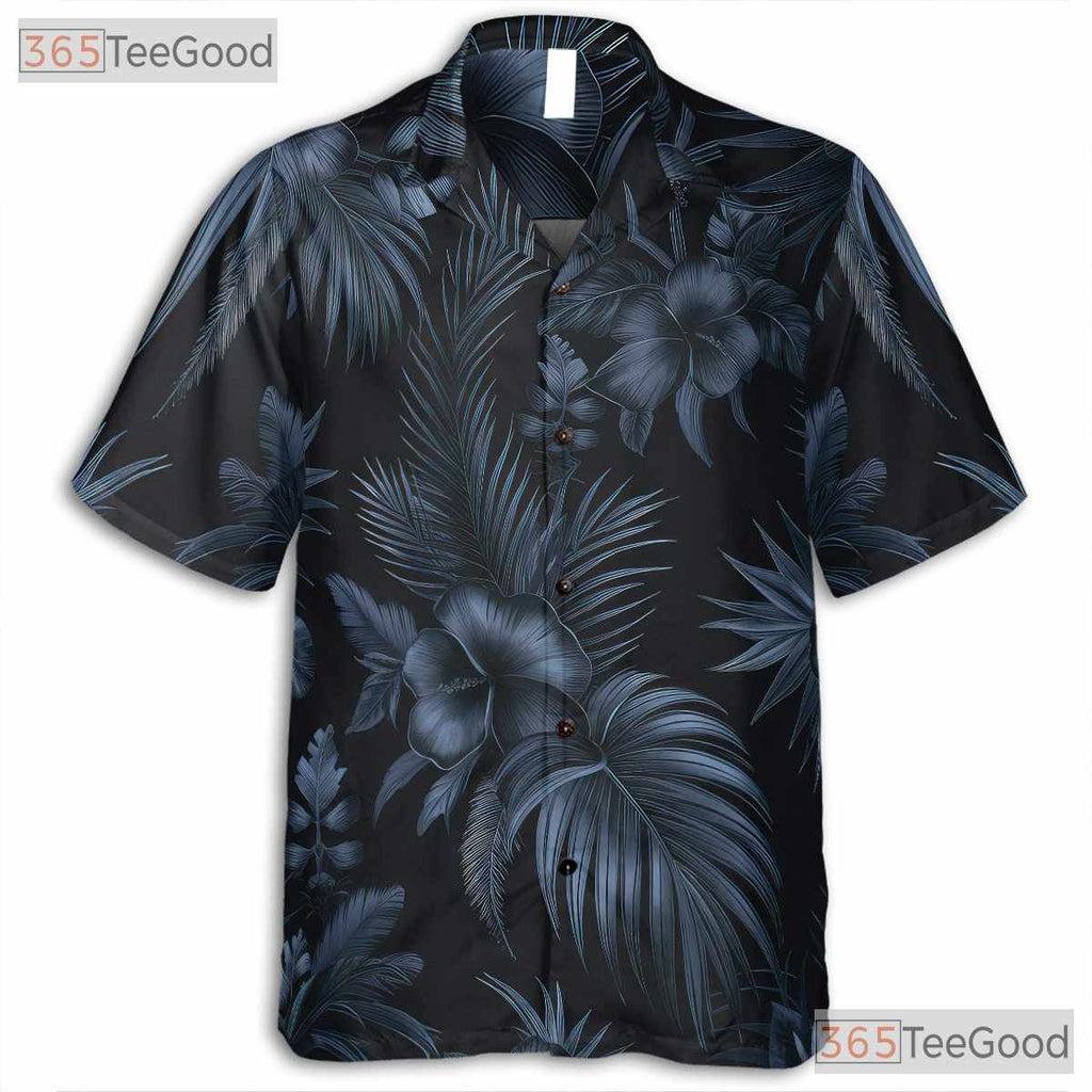 Elegant Black Tropical Palm Print Hawaiian Tee Unisex Casual Resortwear Top