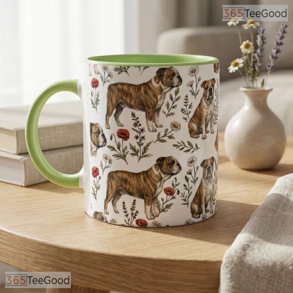 Cute English Bulldog Mom Botanical Dog Illustration Two Tone Premium Ceramic Accent Mug