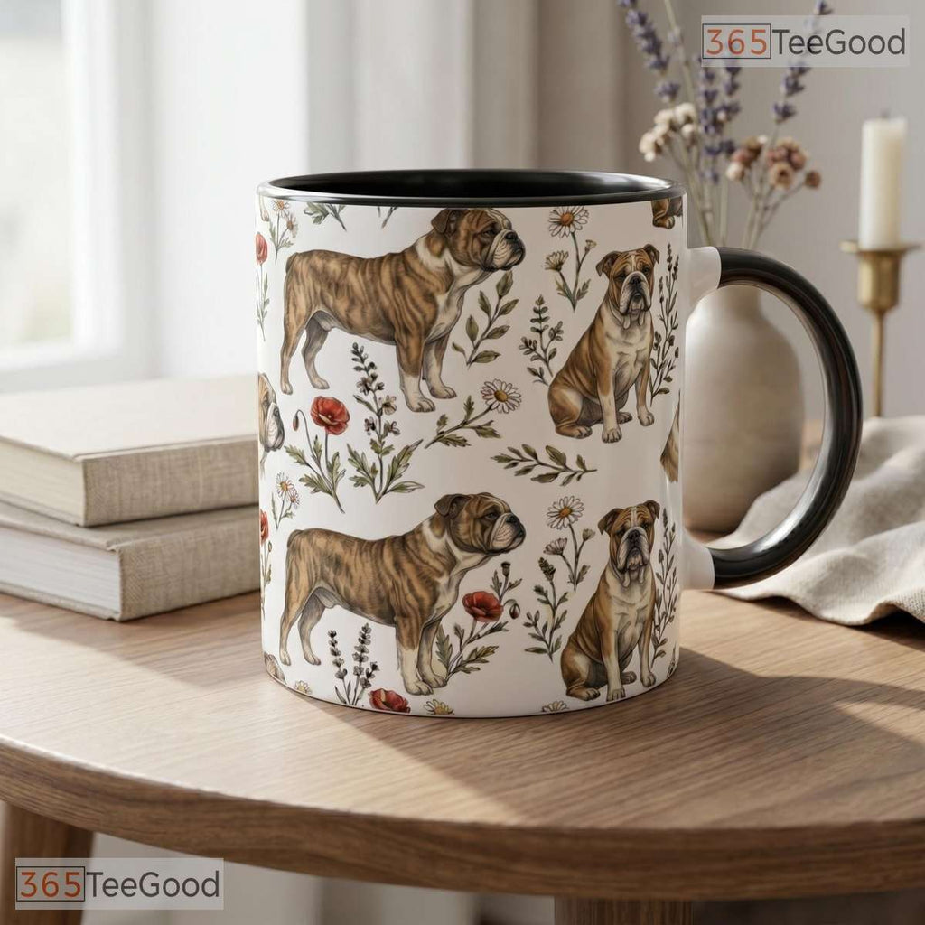 Cute English Bulldog Mom Botanical Dog Illustration Two Tone Premium Ceramic Accent Mug