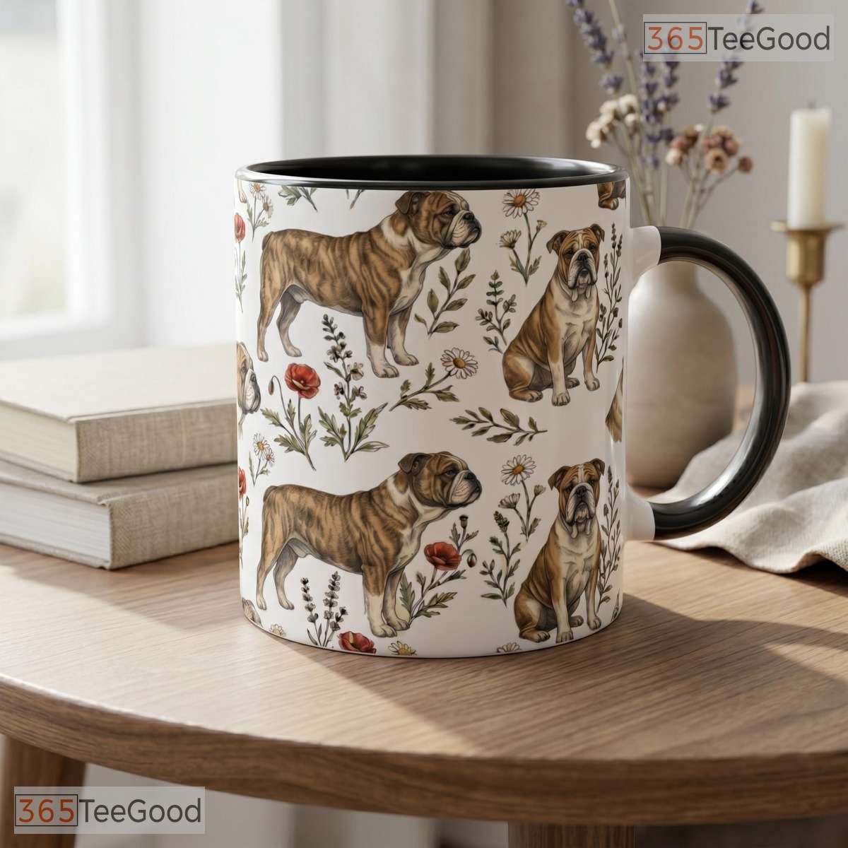 Cute English Bulldog Mom Botanical Dog Illustration Two Tone Premium Ceramic Accent Mug