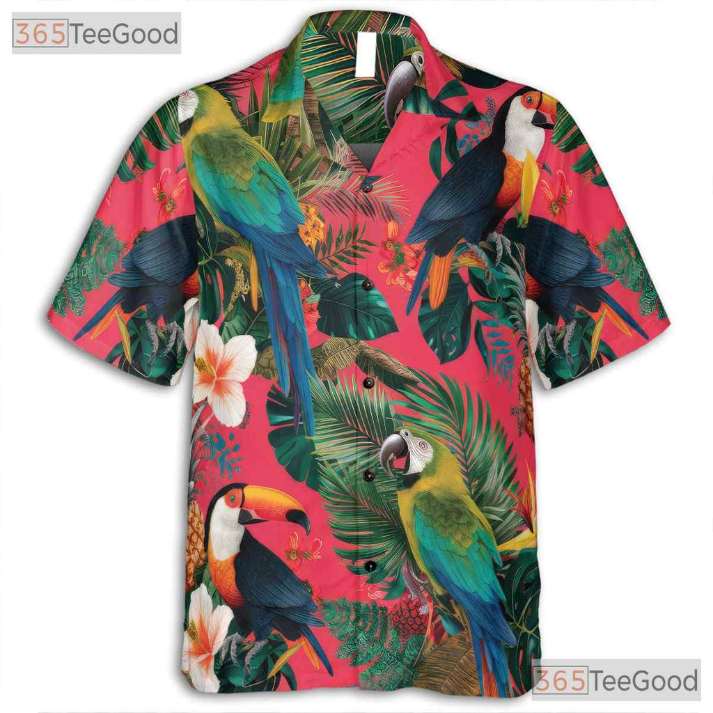 Exotic Flowers Pink Tropical Parrot Hawaiian Shirt Men Women Summer Island Outfit