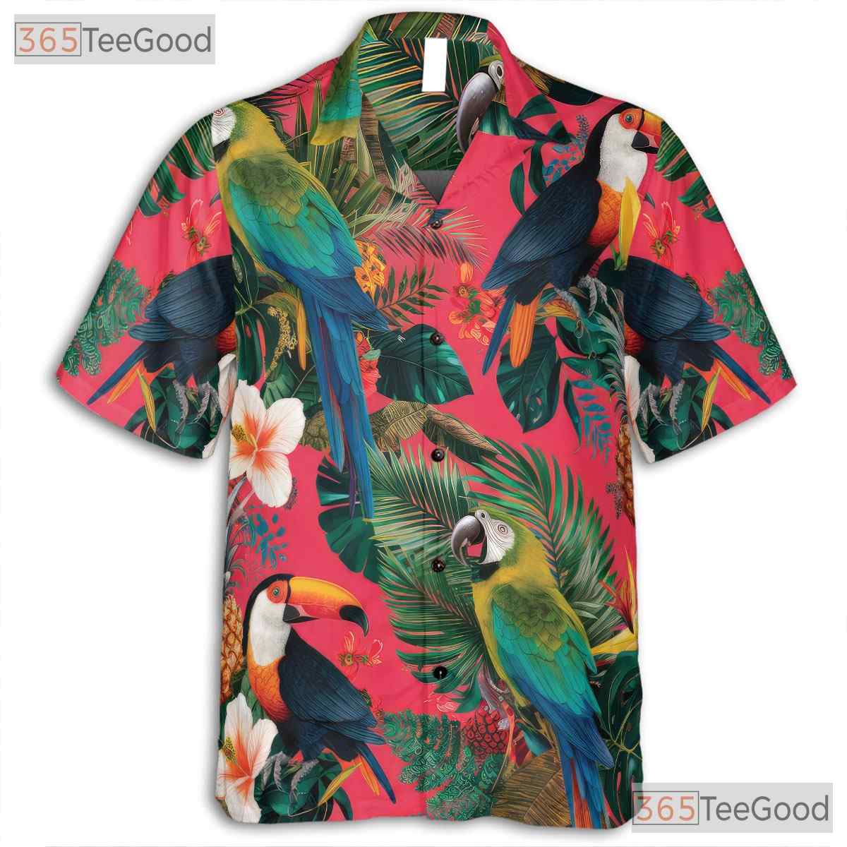 Exotic Flowers Pink Tropical Parrot Hawaiian Shirt Men Women Summer Island Outfit