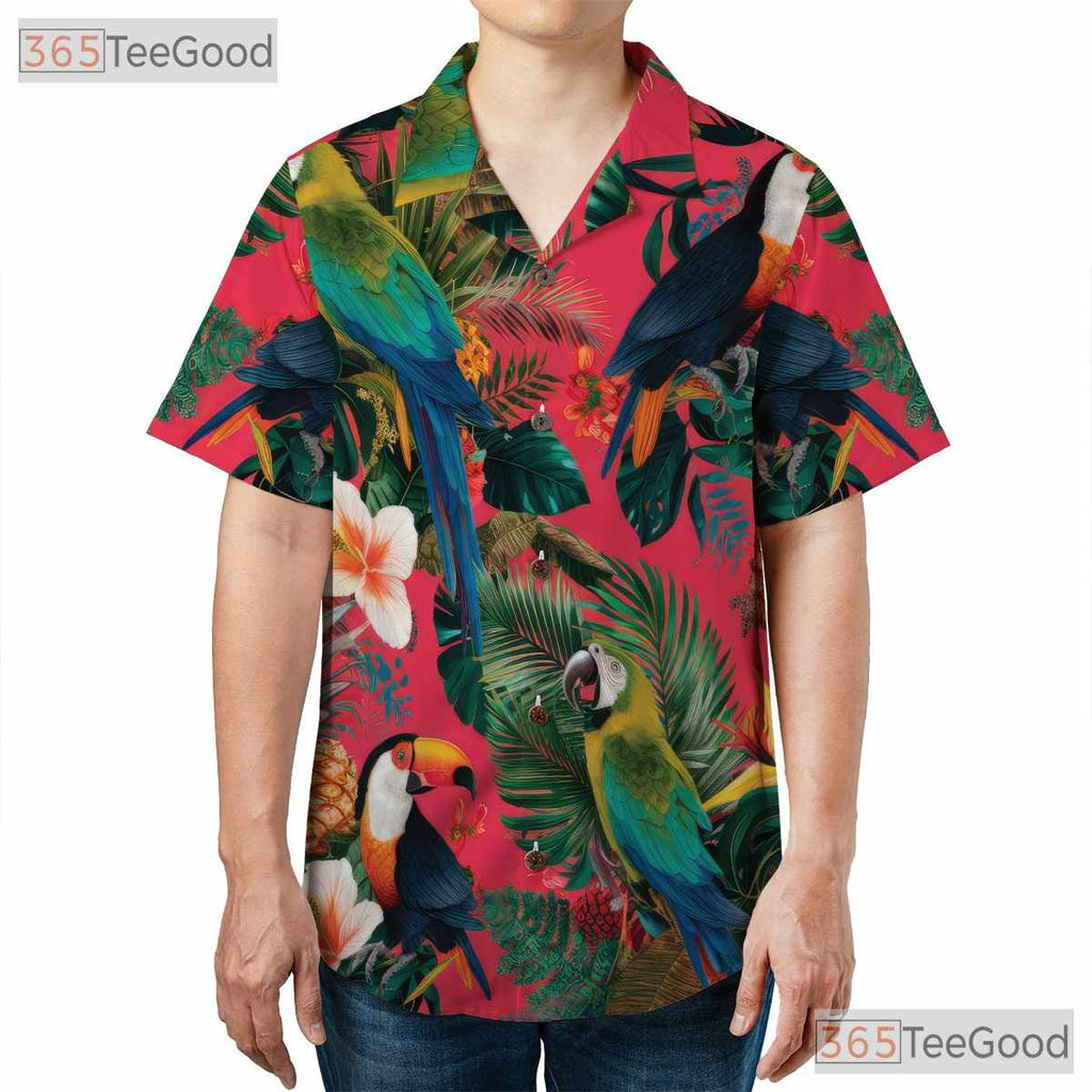 Exotic Flowers Pink Tropical Parrot Hawaiian Shirt Men Women Summer Island Outfit