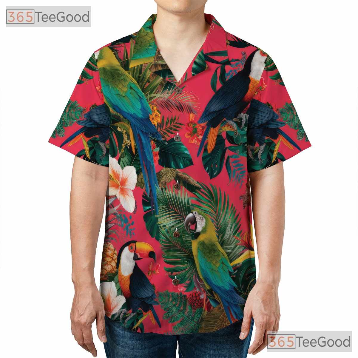 Exotic Flowers Pink Tropical Parrot Hawaiian Shirt Men Women Summer Island Outfit