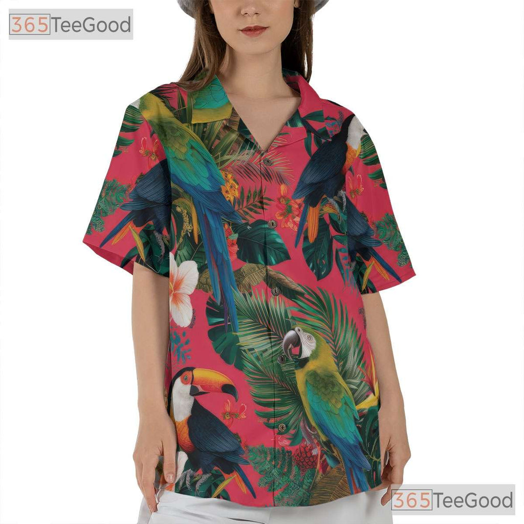 Exotic Flowers Pink Tropical Parrot Hawaiian Shirt Men Women Summer Island Outfit