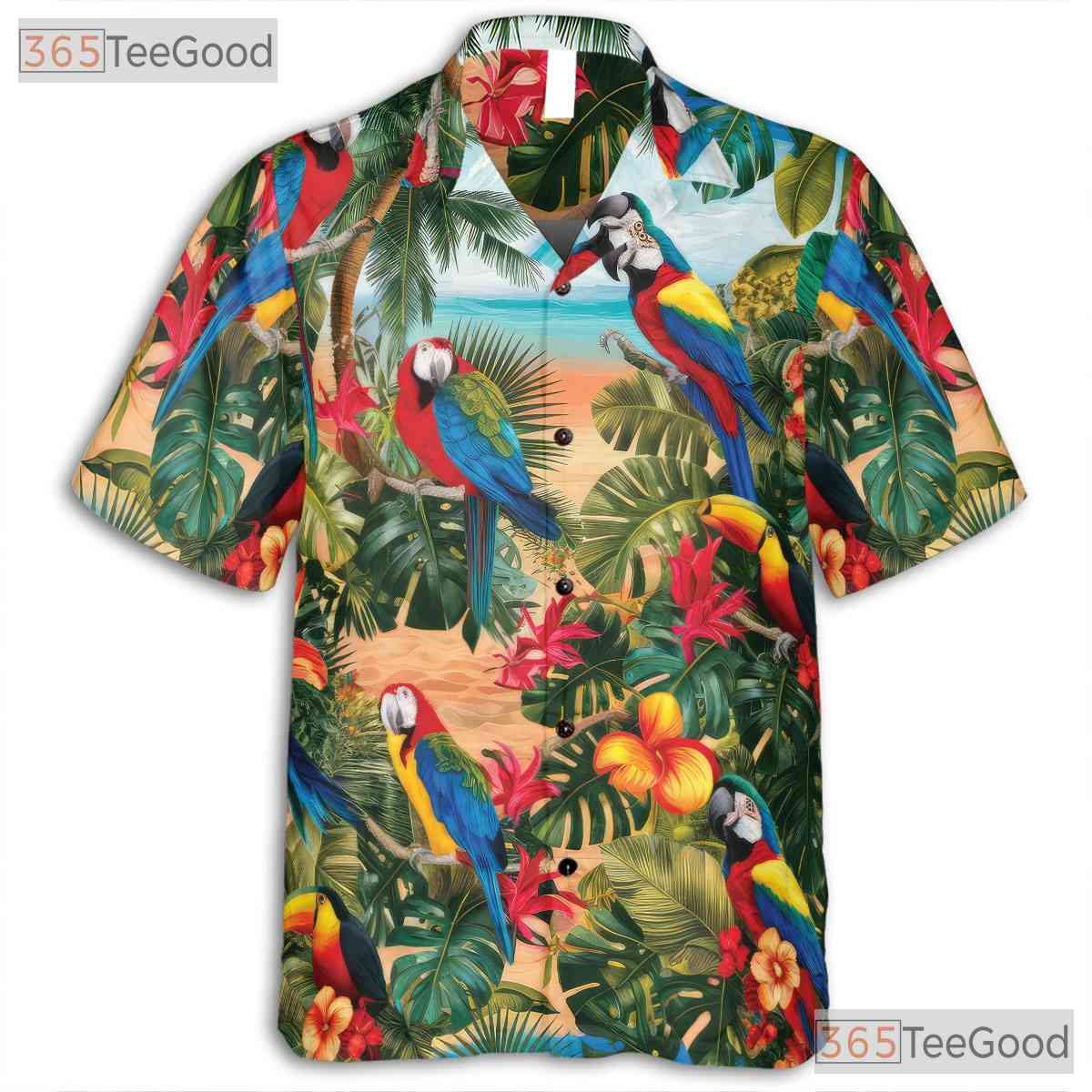 Exotic Jungle Palm Parrot Tropical Aloha Hawaiian Tee Unisex Party Summer Outfit