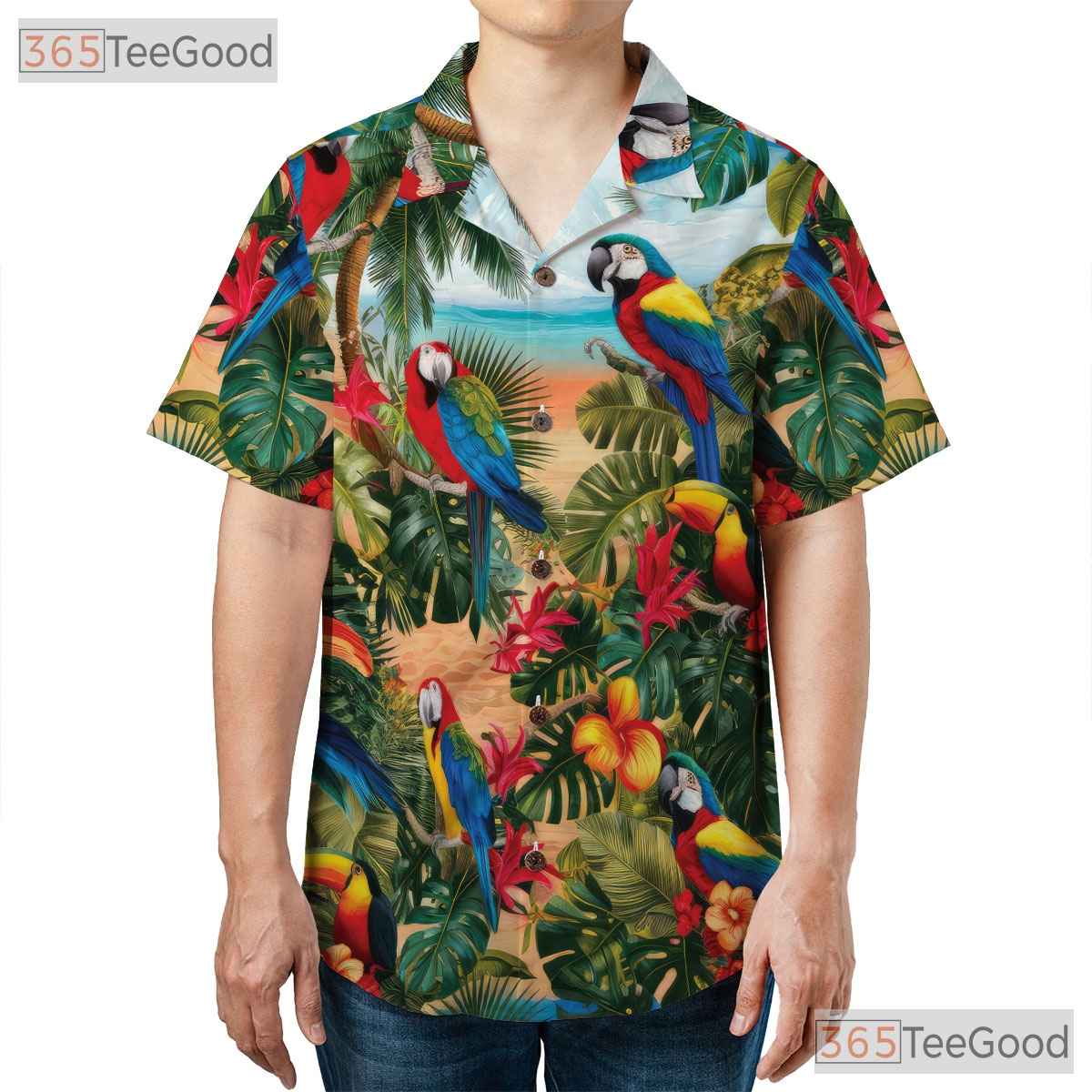 Exotic Jungle Palm Parrot Tropical Aloha Hawaiian Tee Unisex Party Summer Outfit