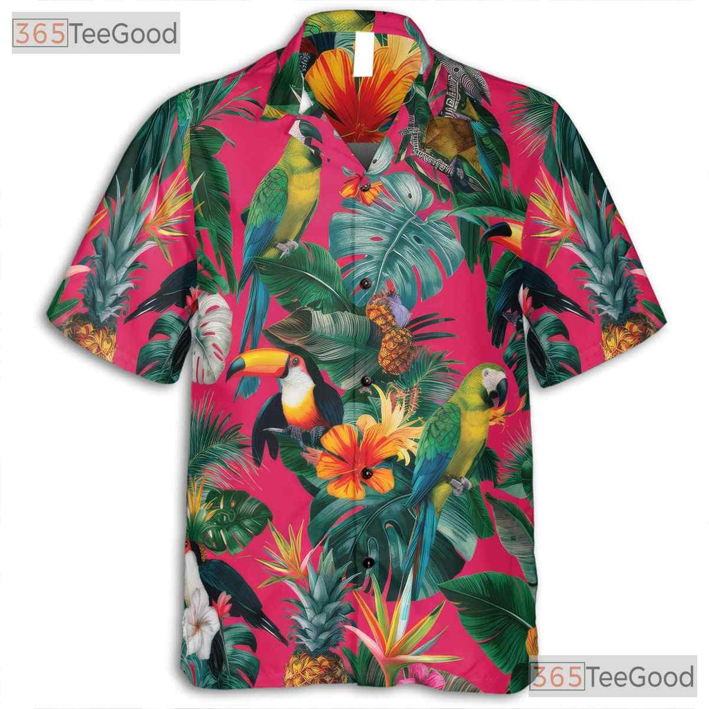 Exotic Pink Jungle Floral Parrot Hawaiian Tee Unisex Aloha Vacation Outfit