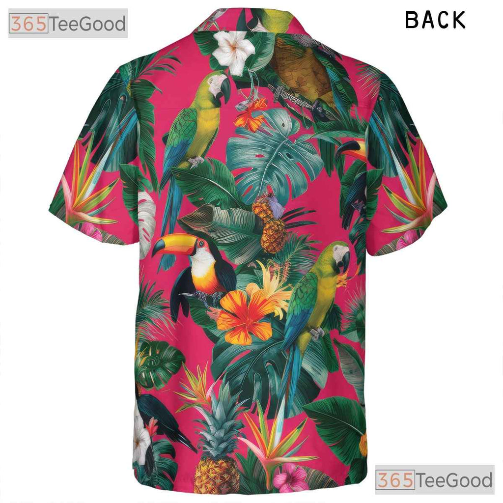 Exotic Pink Jungle Floral Parrot Hawaiian Tee Unisex Aloha Vacation Outfit