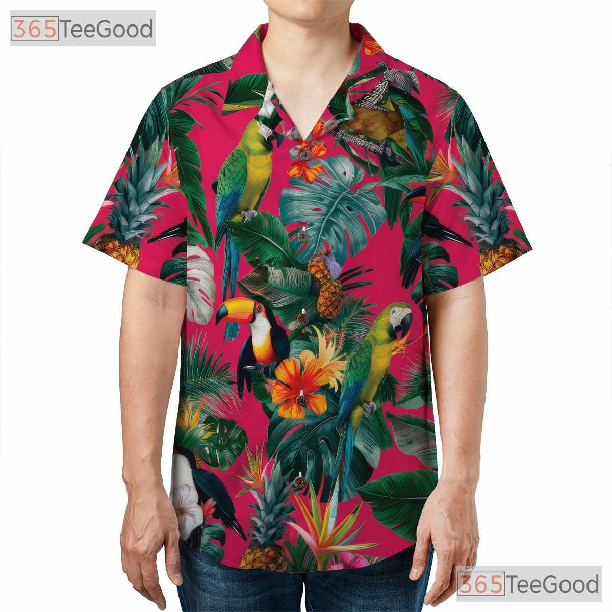 Exotic Pink Jungle Floral Parrot Hawaiian Tee Unisex Aloha Vacation Outfit