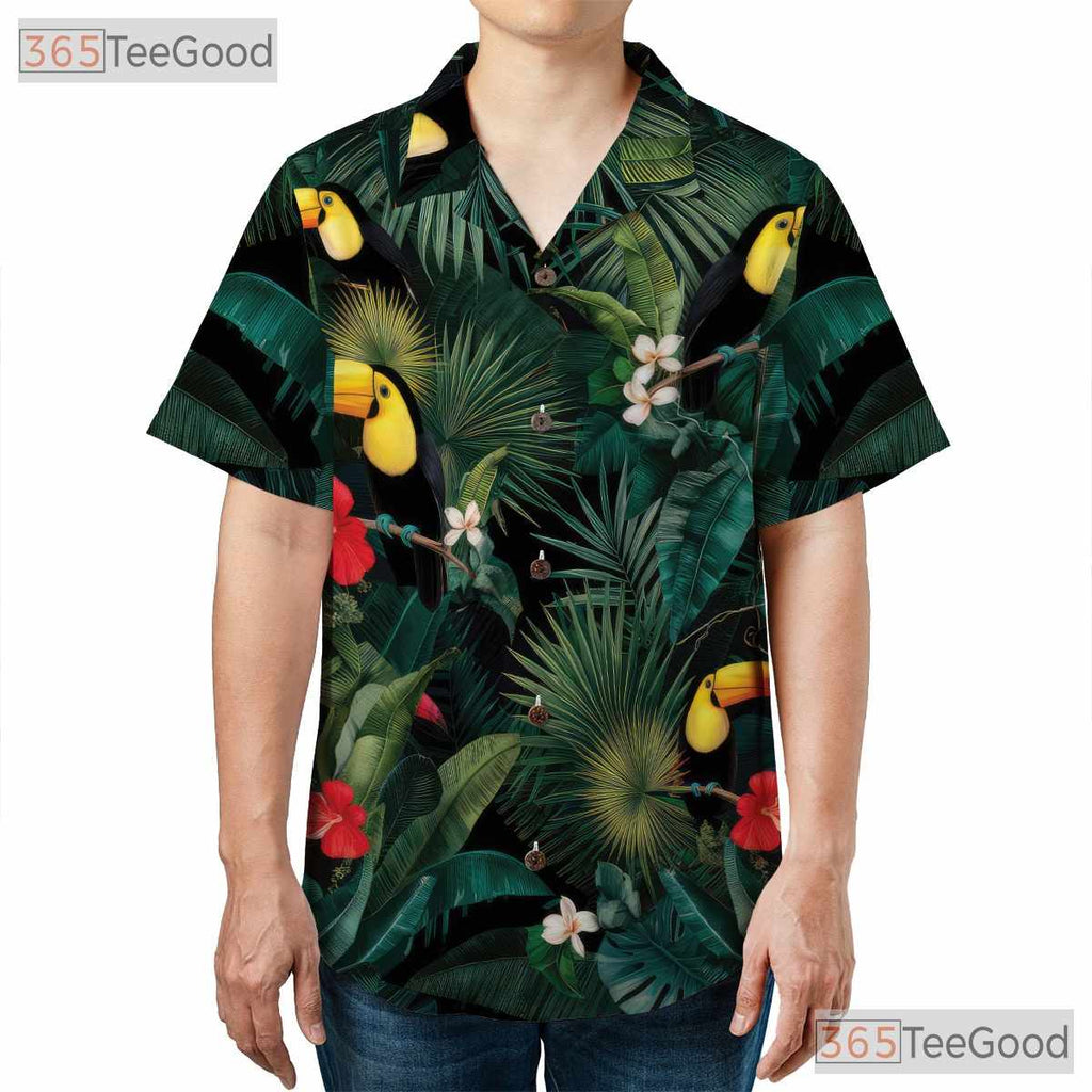 Exotic Toucan Palm Leaf Tropical Beach Aloha Design Hawaiian Shirt Unisex