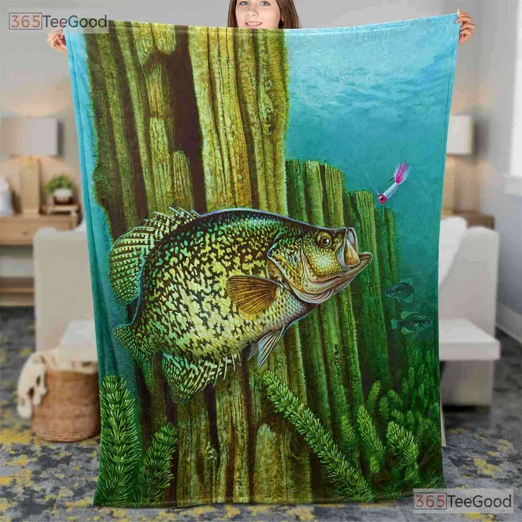 Fishing Crappie Fleece Blanket - Underwater Scene Quilt Gift for Fisherman Dad