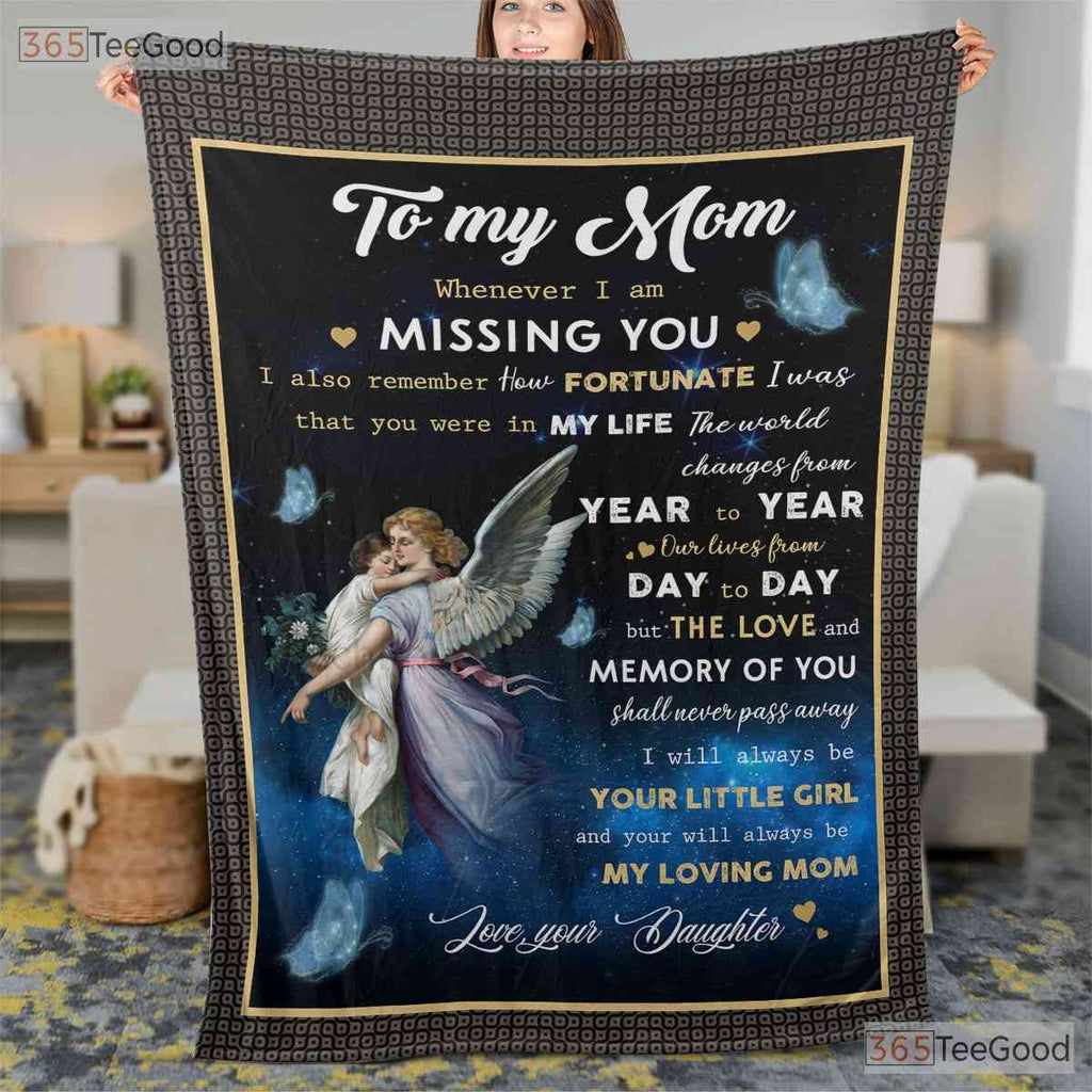 To My Mom Memorial Fleece Blanket - Angel Wings Quilt Gift from Daughter Love