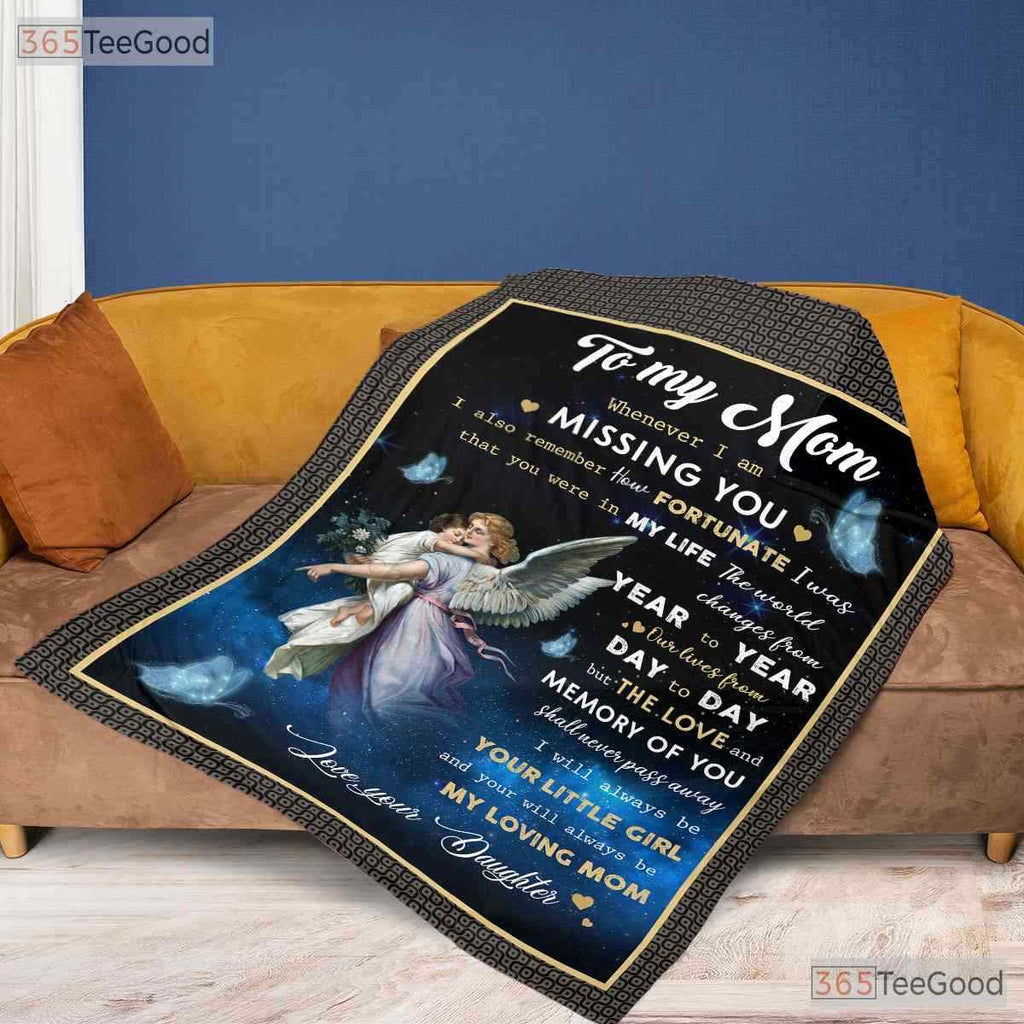 To My Mom Memorial Fleece Blanket - Angel Wings Quilt Gift from Daughter Love
