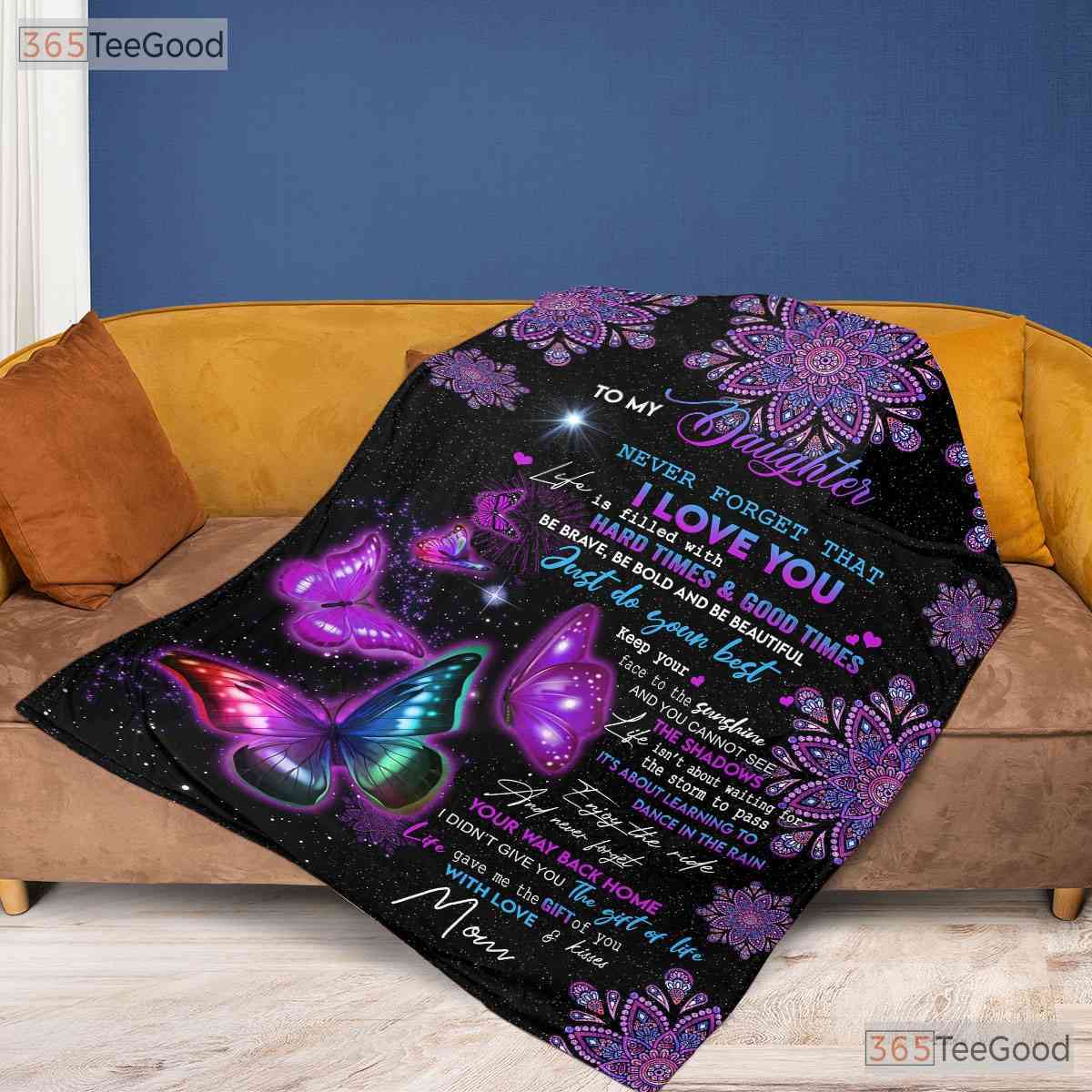 To My Daughter Purple Butterfly Fleece Blanket - Encouragement Quilt Gift Love