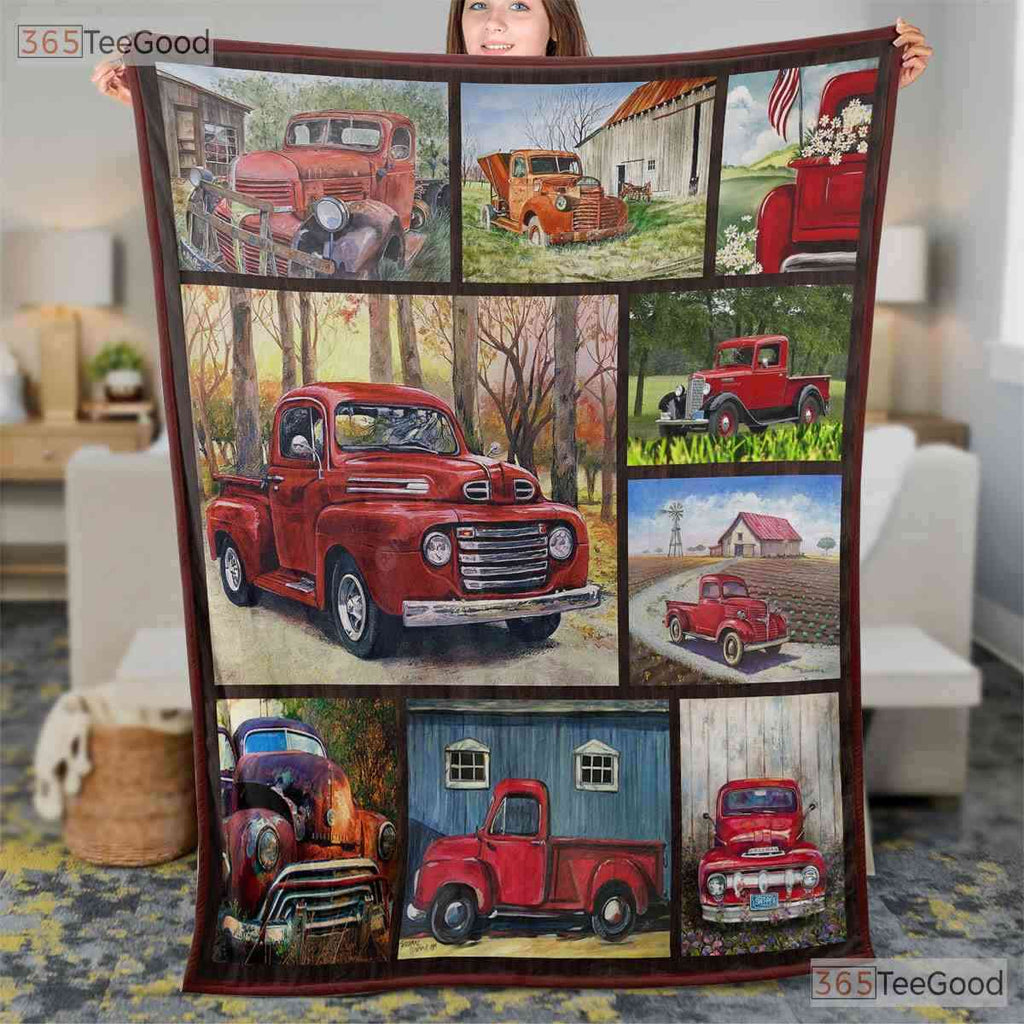 Vintage Red Truck Christmas Fleece Blanket - Rustic Farmhouse Quilt Decor Gift