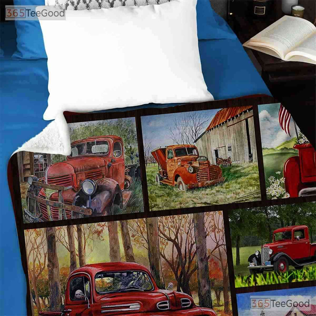 Vintage Red Truck Christmas Fleece Blanket - Rustic Farmhouse Quilt Decor Gift