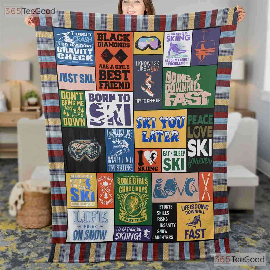 Ski Life Funny Typography Fleece Blanket - Winter Sports Quilt Gift For Skier
