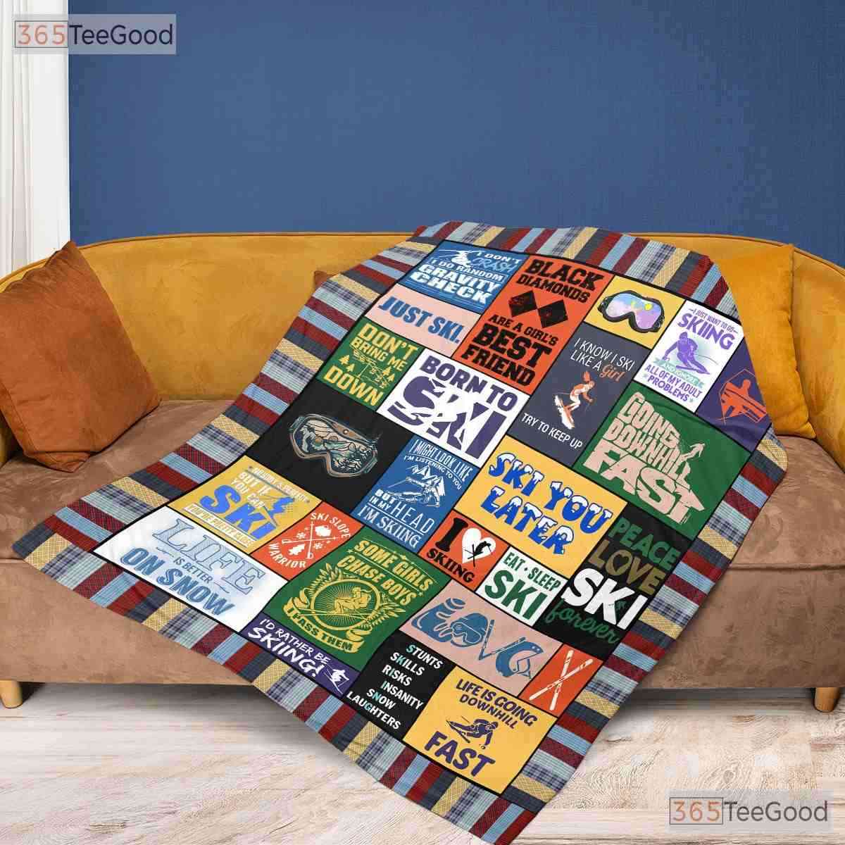 Ski Life Funny Typography Fleece Blanket - Winter Sports Quilt Gift For Skier