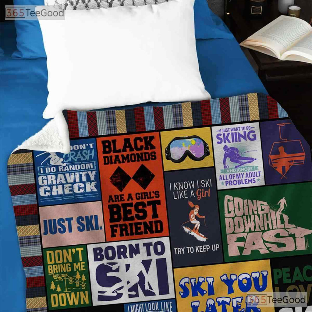 Ski Life Funny Typography Fleece Blanket - Winter Sports Quilt Gift For Skier