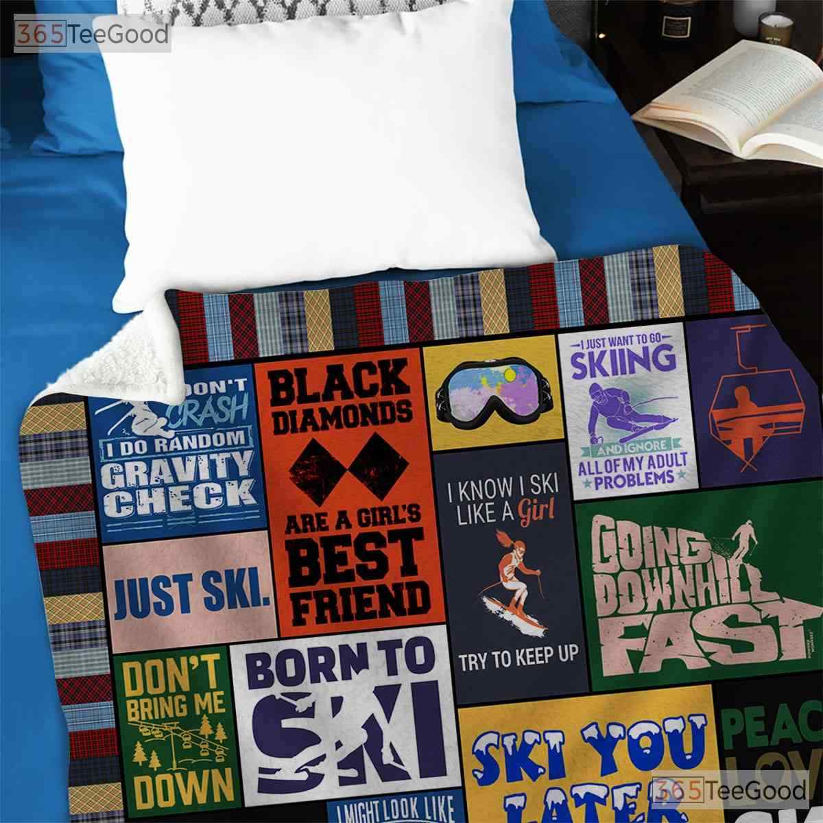 Ski Life Funny Typography Fleece Blanket - Winter Sports Quilt Gift For Skier
