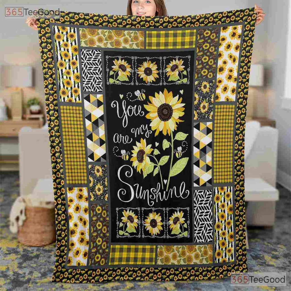 You Are My Sunshine Sunflower Fleece Blanket - Patchwork Quilt Gift For Her