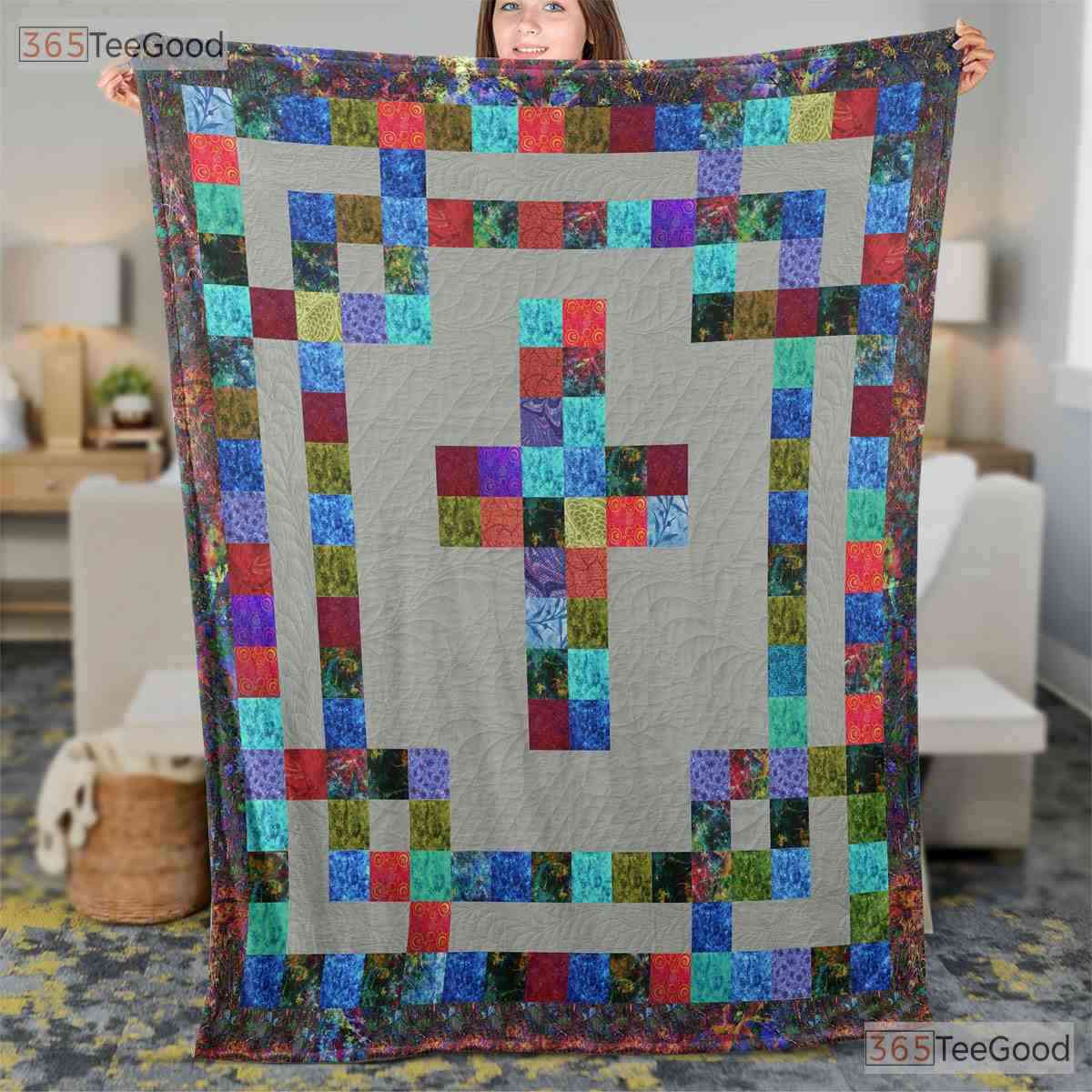Christian Cross Faith Patchwork Fleece Blanket - Religious Quilt Gift Church