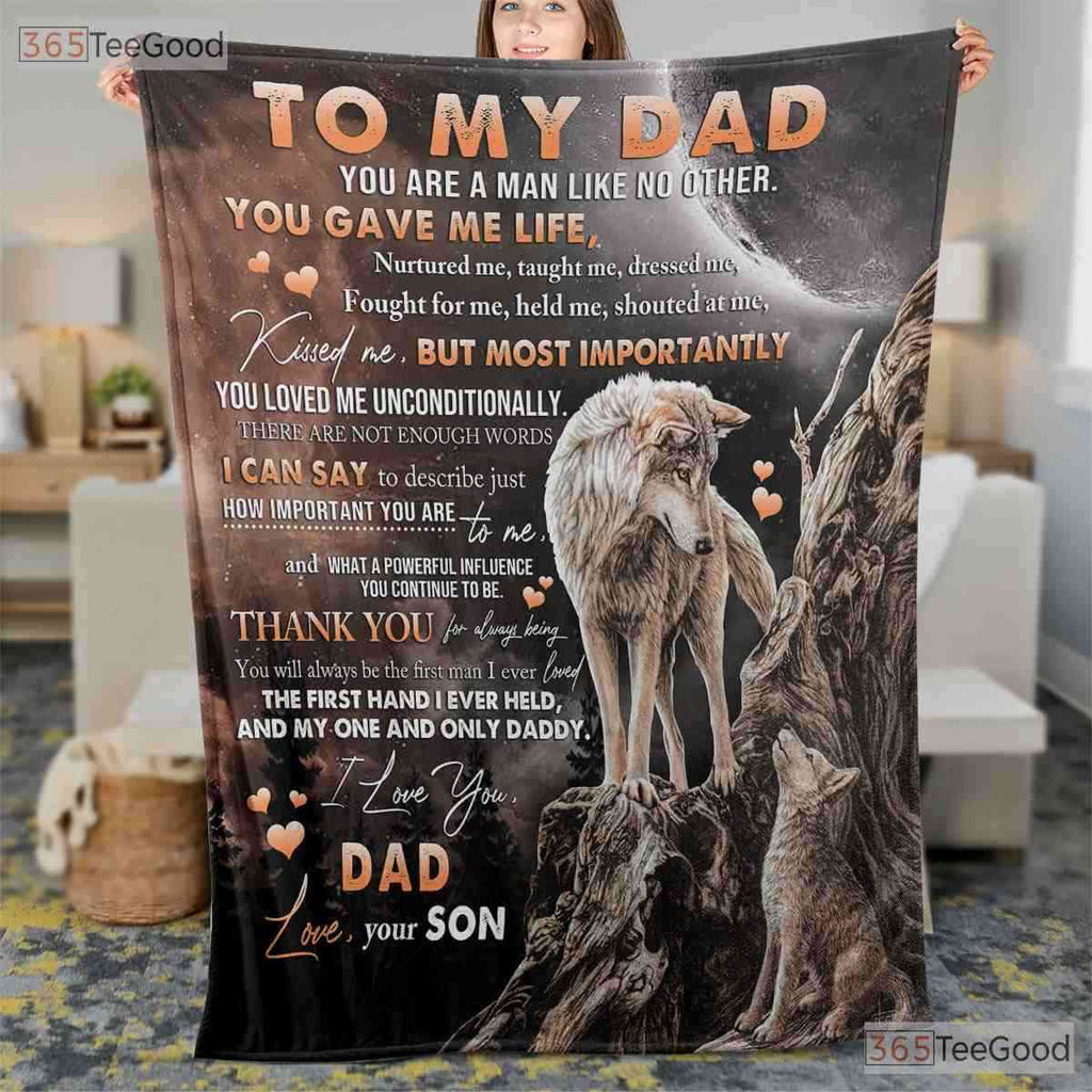 To My Dad Wolf Design Fleece Blanket - Thank You Quilt Gift from Son Father Day