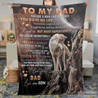 To My Dad Wolf Design Fleece Blanket - Thank You Quilt Gift from Son Father Day